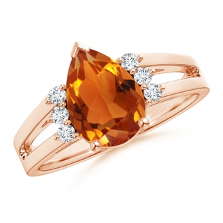 10x7mm AAAA Pear Citrine Ring with Triple Diamond Accents in Rose Gold