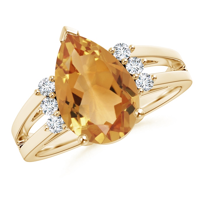 12x8mm A Pear Citrine Ring with Triple Diamond Accents in Yellow Gold 