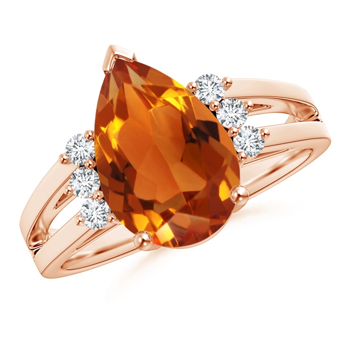 12x8mm AAAA Pear Citrine Ring with Triple Diamond Accents in Rose Gold