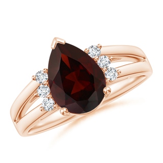 10x7mm A Pear Garnet Ring with Triple Diamond Accents in Rose Gold