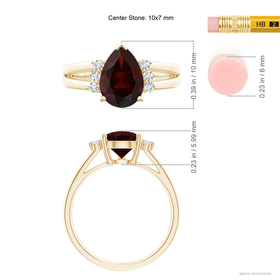 10x7mm A Pear Garnet Ring with Triple Diamond Accents in Yellow Gold ruler