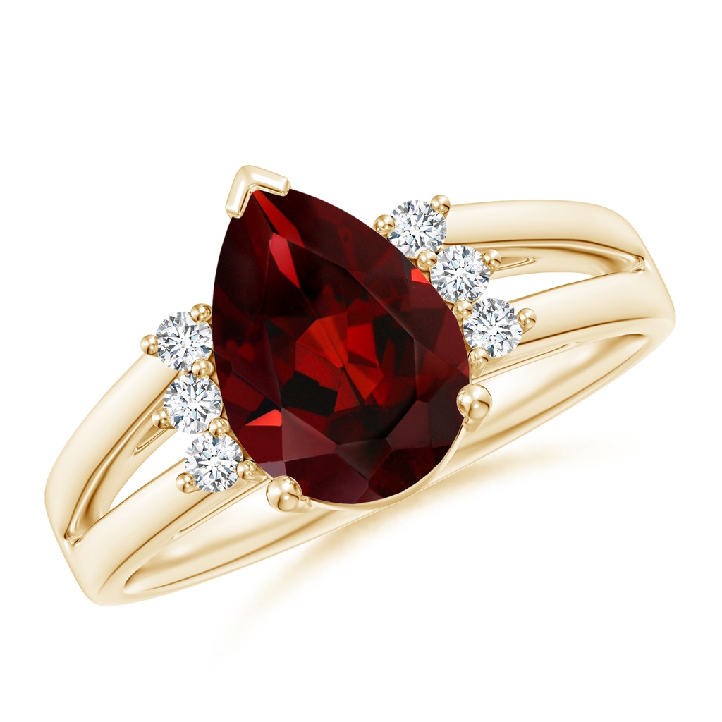 10x7mm AAA Pear Garnet Ring with Triple Diamond Accents in Yellow Gold
