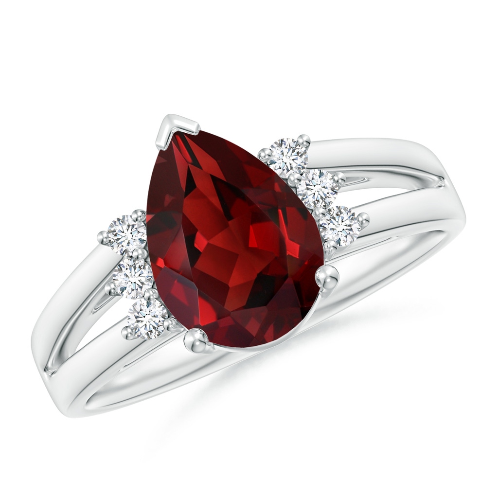 10x7mm AAAA Pear Garnet Ring with Triple Diamond Accents in P950 Platinum