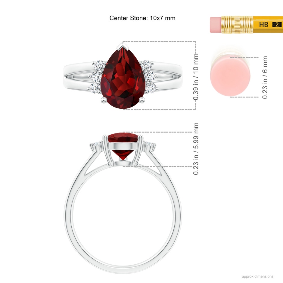 10x7mm AAAA Pear Garnet Ring with Triple Diamond Accents in P950 Platinum ruler
