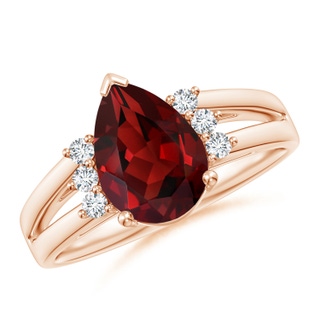 10x7mm AAAA Pear Garnet Ring with Triple Diamond Accents in Rose Gold