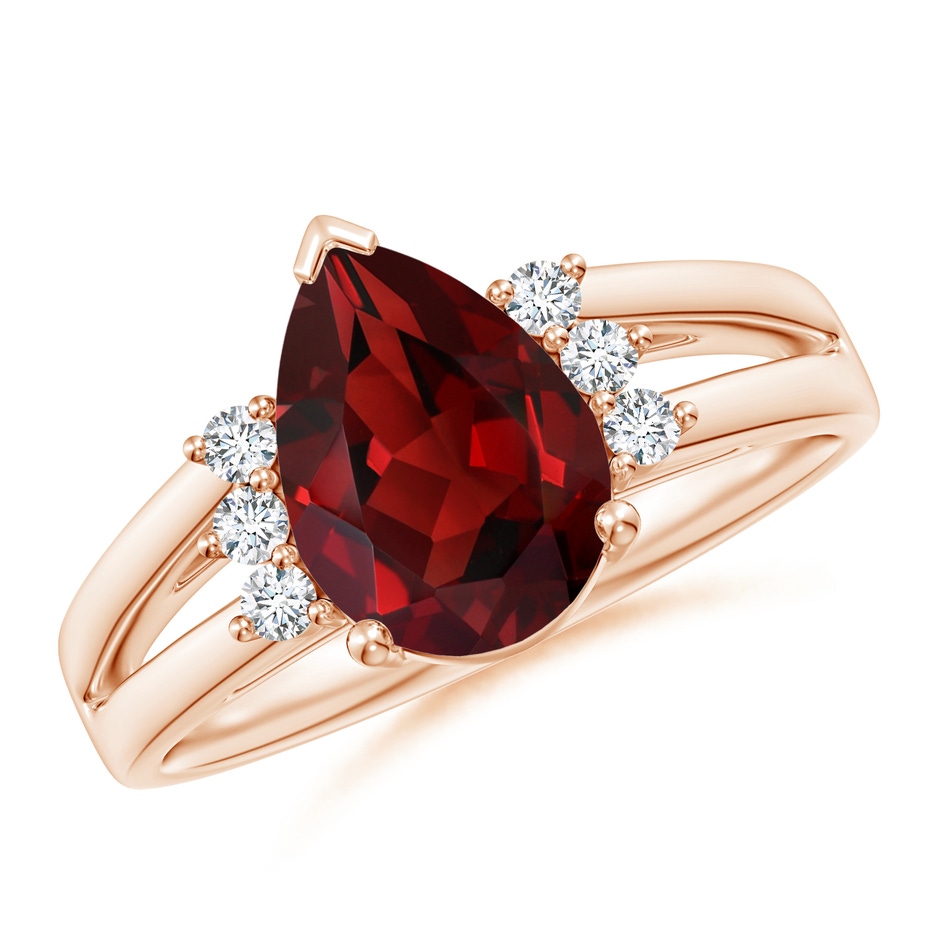 10x7mm AAAA Pear Garnet Ring with Triple Diamond Accents in Rose Gold 