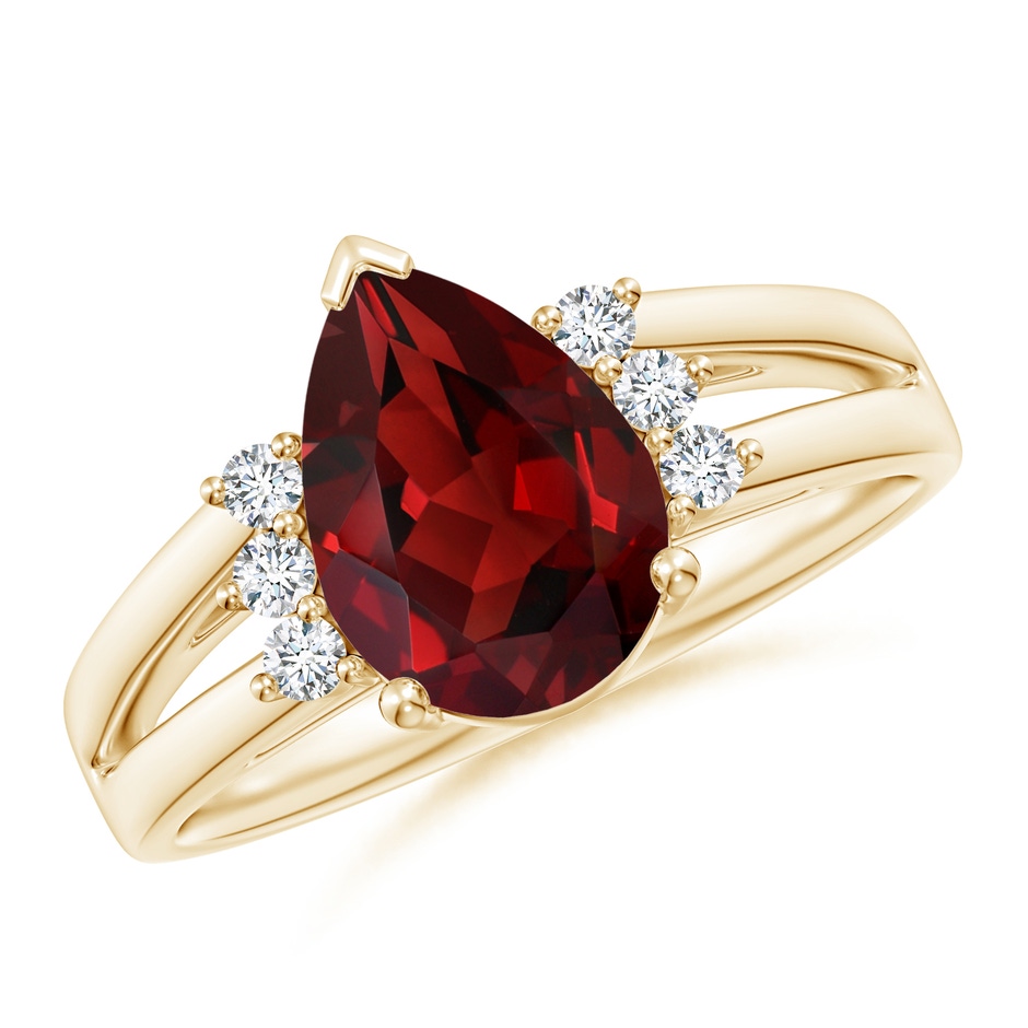 10x7mm AAAA Pear Garnet Ring with Triple Diamond Accents in Yellow Gold 