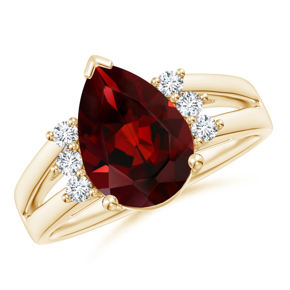 12x8mm AAA Pear Garnet Ring with Triple Diamond Accents in Yellow Gold 