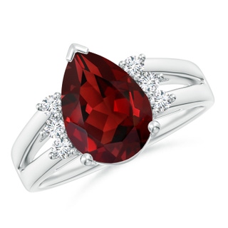 12x8mm AAAA Pear Garnet Ring with Triple Diamond Accents in P950 Platinum