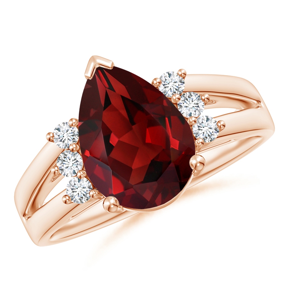 12x8mm AAAA Pear Garnet Ring with Triple Diamond Accents in Rose Gold 