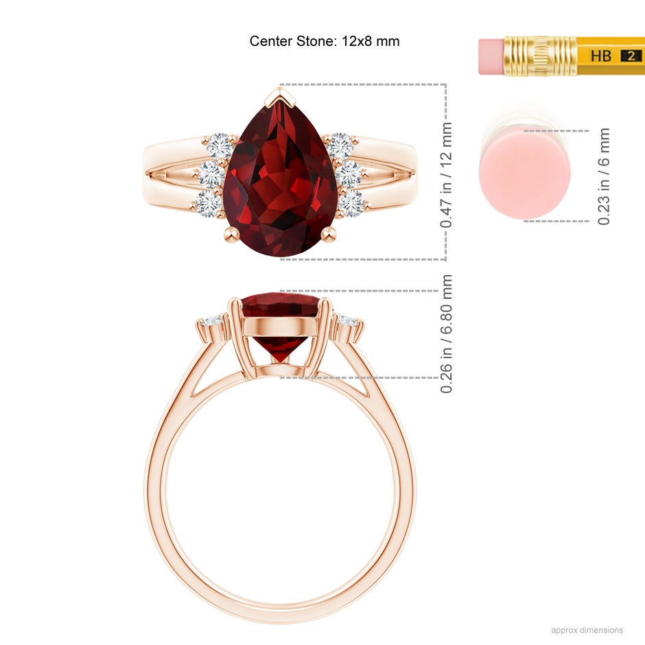 12x8mm AAAA Pear Garnet Ring with Triple Diamond Accents in Rose Gold ruler