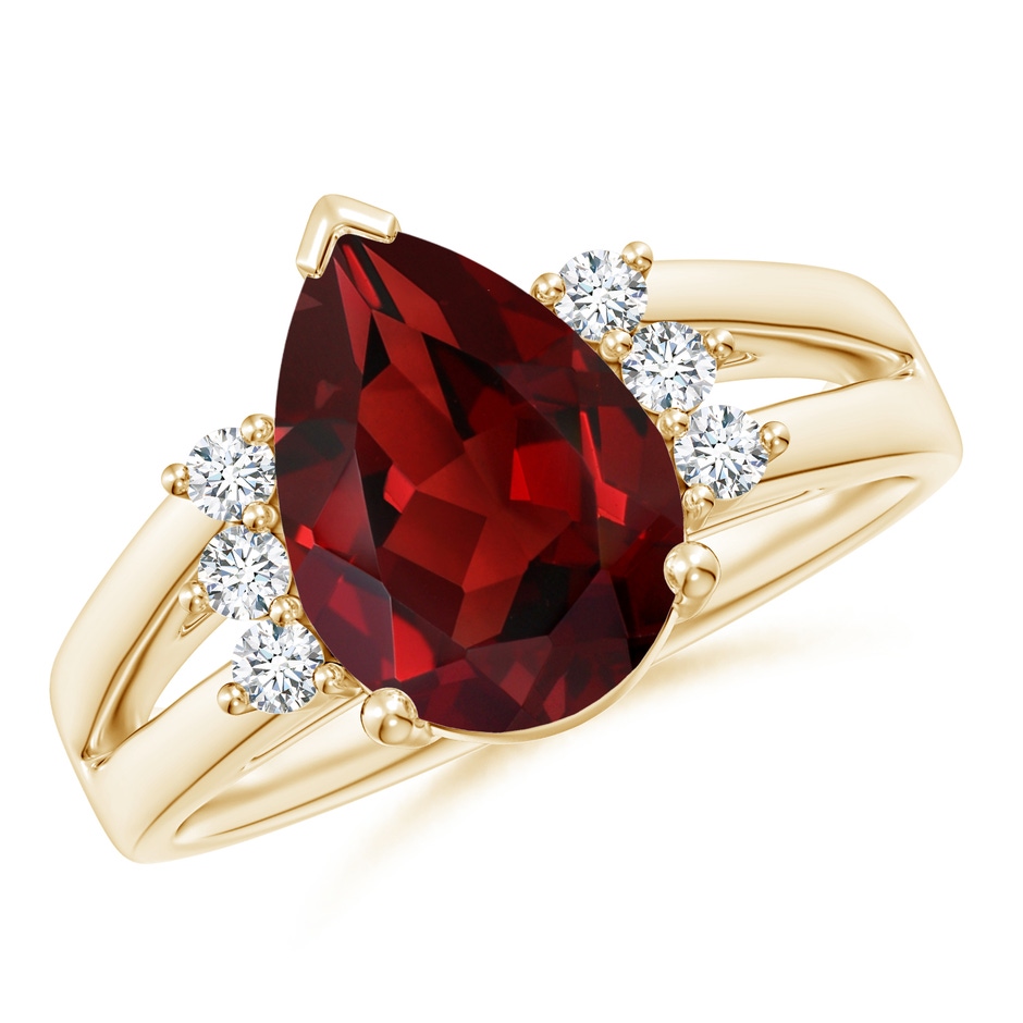 12x8mm AAAA Pear Garnet Ring with Triple Diamond Accents in Yellow Gold 