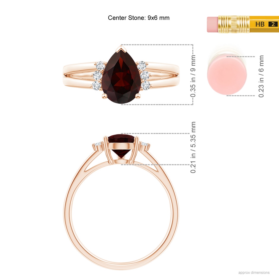 9x6mm A Pear Garnet Ring with Triple Diamond Accents in Rose Gold ruler