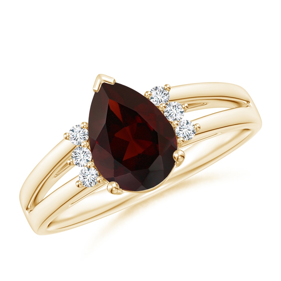 9x6mm A Pear Garnet Ring with Triple Diamond Accents in Yellow Gold 