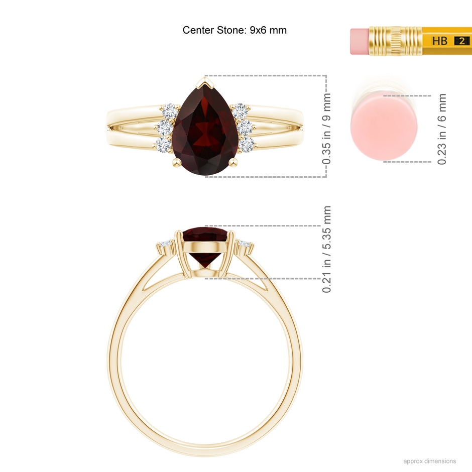 9x6mm A Pear Garnet Ring with Triple Diamond Accents in Yellow Gold ruler