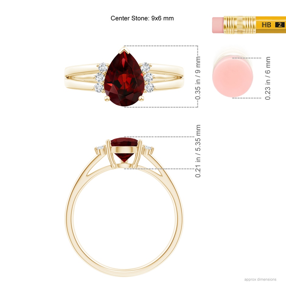 9x6mm AAA Pear Garnet Ring with Triple Diamond Accents in Yellow Gold ruler