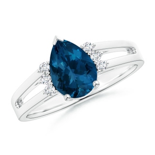 9x6mm AAA Pear London Blue Topaz Ring with Triple Diamond Accents in White Gold