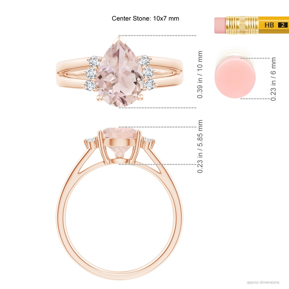 10x7mm A Pear Morganite Ring with Triple Diamond Accents in Rose Gold ruler