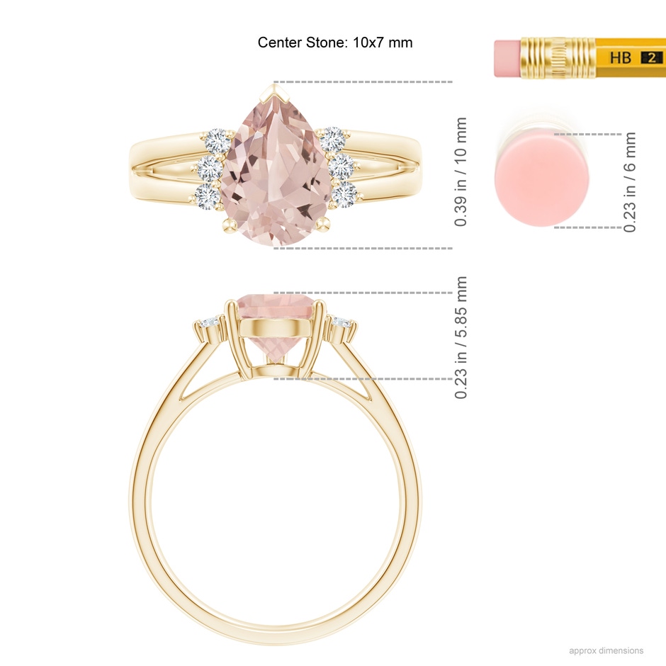 10x7mm AA Pear Morganite Ring with Triple Diamond Accents in Yellow Gold ruler