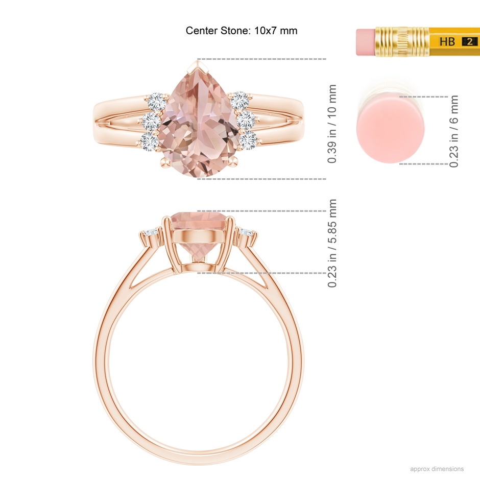 10x7mm AAA Pear Morganite Ring with Triple Diamond Accents in Rose Gold ruler