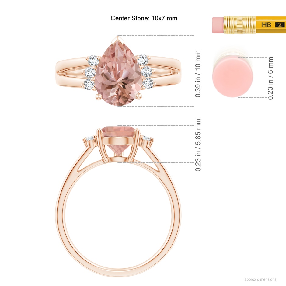 10x7mm AAAA Pear Morganite Ring with Triple Diamond Accents in Rose Gold ruler