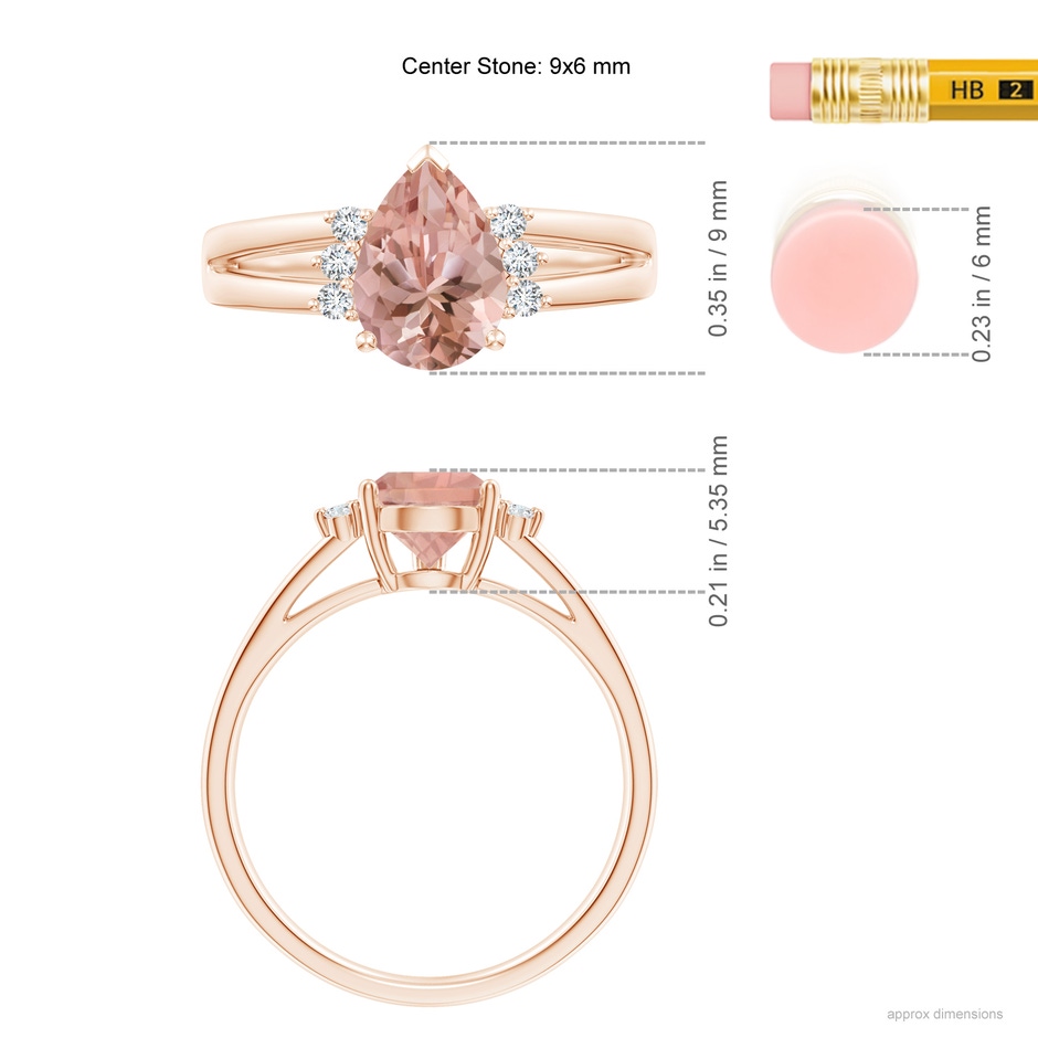 9x6mm AAAA Pear Morganite Ring with Triple Diamond Accents in Rose Gold ruler