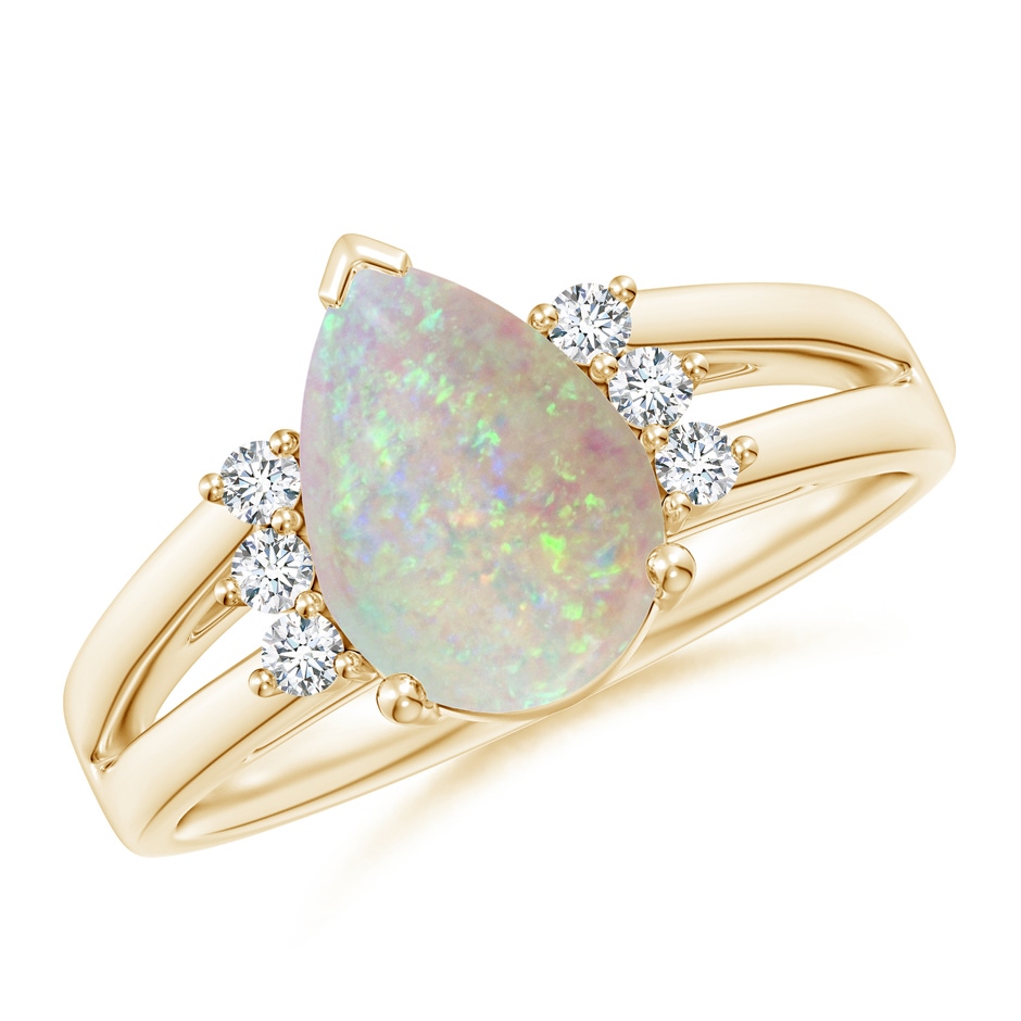10x7mm AAA Pear Opal Ring with Triple Diamond Accents in Yellow Gold 