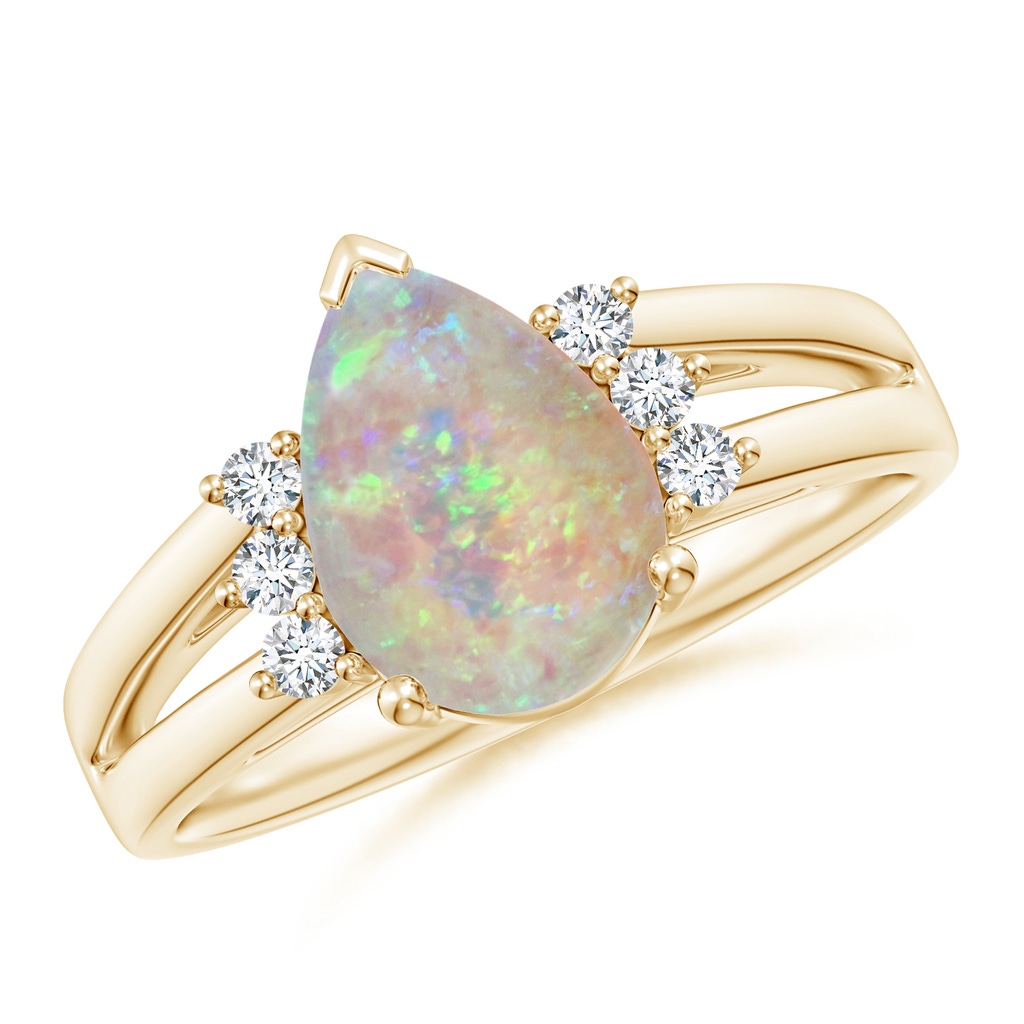 10x7mm AAAA Pear Opal Ring with Triple Diamond Accents in Yellow Gold