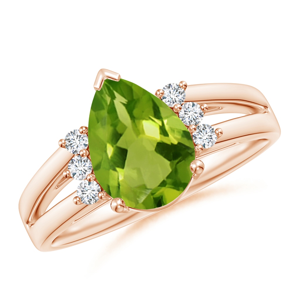 10x7mm AAAA Pear Peridot Ring with Triple Diamond Accents in Rose Gold
