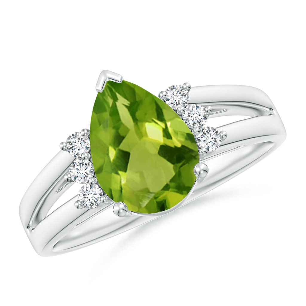 10x7mm AAAA Pear Peridot Ring with Triple Diamond Accents in White Gold