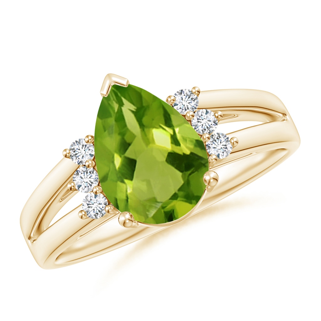 10x7mm AAAA Pear Peridot Ring with Triple Diamond Accents in Yellow Gold
