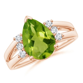 12x8mm AAAA Pear Peridot Ring with Triple Diamond Accents in Rose Gold