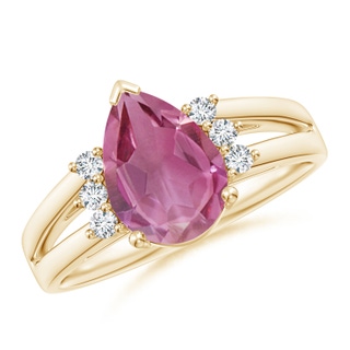 10x7mm AAA Pear Pink Tourmaline Ring with Triple Diamond Accents in Yellow Gold