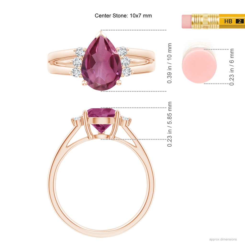 10x7mm AAAA Pear Pink Tourmaline Ring with Triple Diamond Accents in Rose Gold Product Image