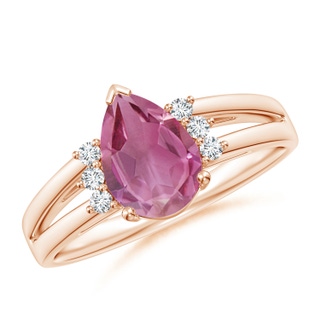 9x6mm AAA Pear Pink Tourmaline Ring with Triple Diamond Accents in Rose Gold