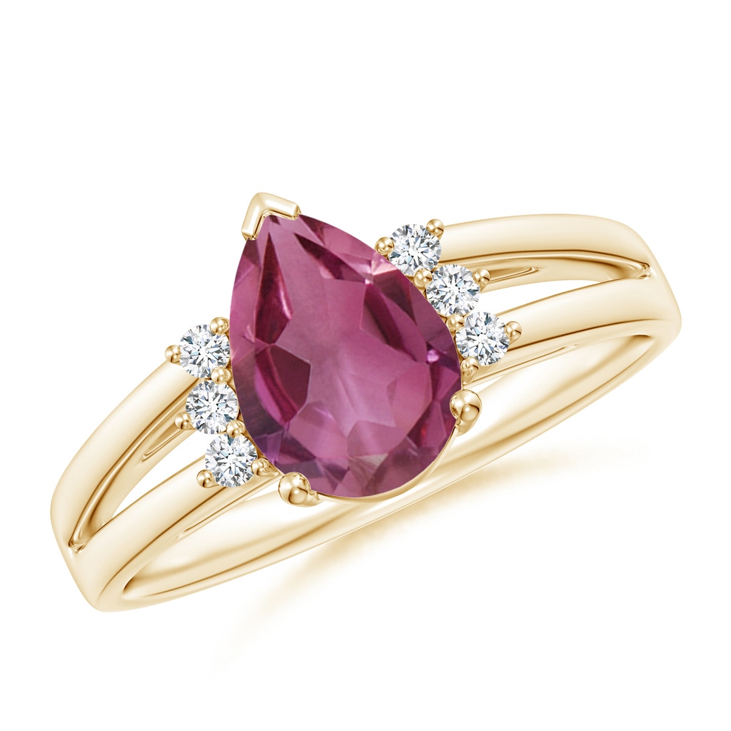 9x6mm AAAA Pear Pink Tourmaline Ring with Triple Diamond Accents in Yellow Gold