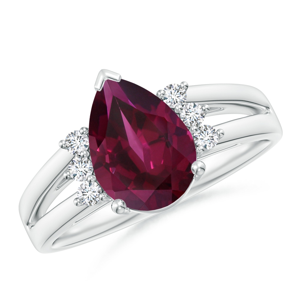 10x7mm AAA Pear Rhodolite Ring with Triple Diamond Accents in White Gold