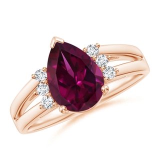 10x7mm AAAA Pear Rhodolite Ring with Triple Diamond Accents in Rose Gold