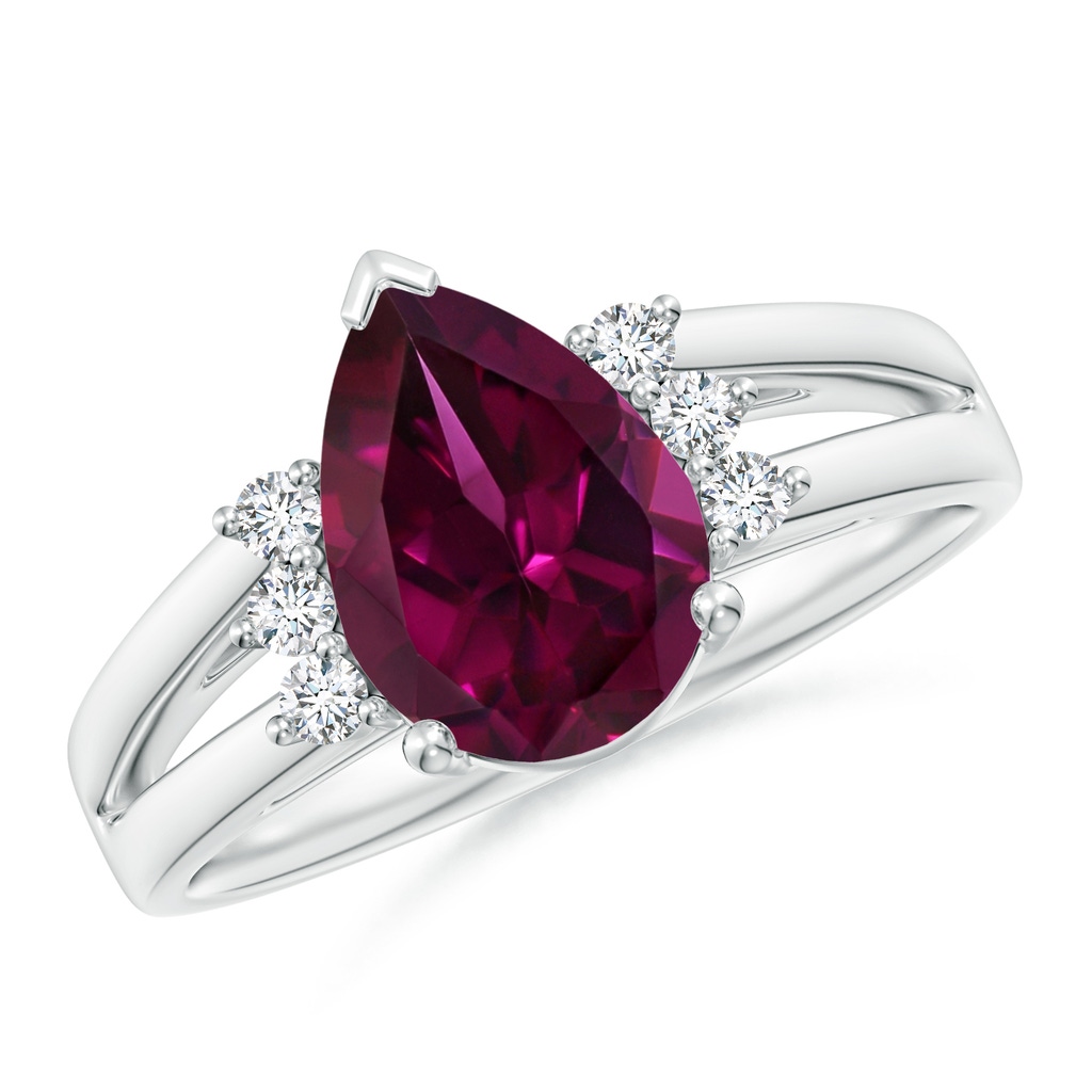 10x7mm AAAA Pear Rhodolite Ring with Triple Diamond Accents in White Gold