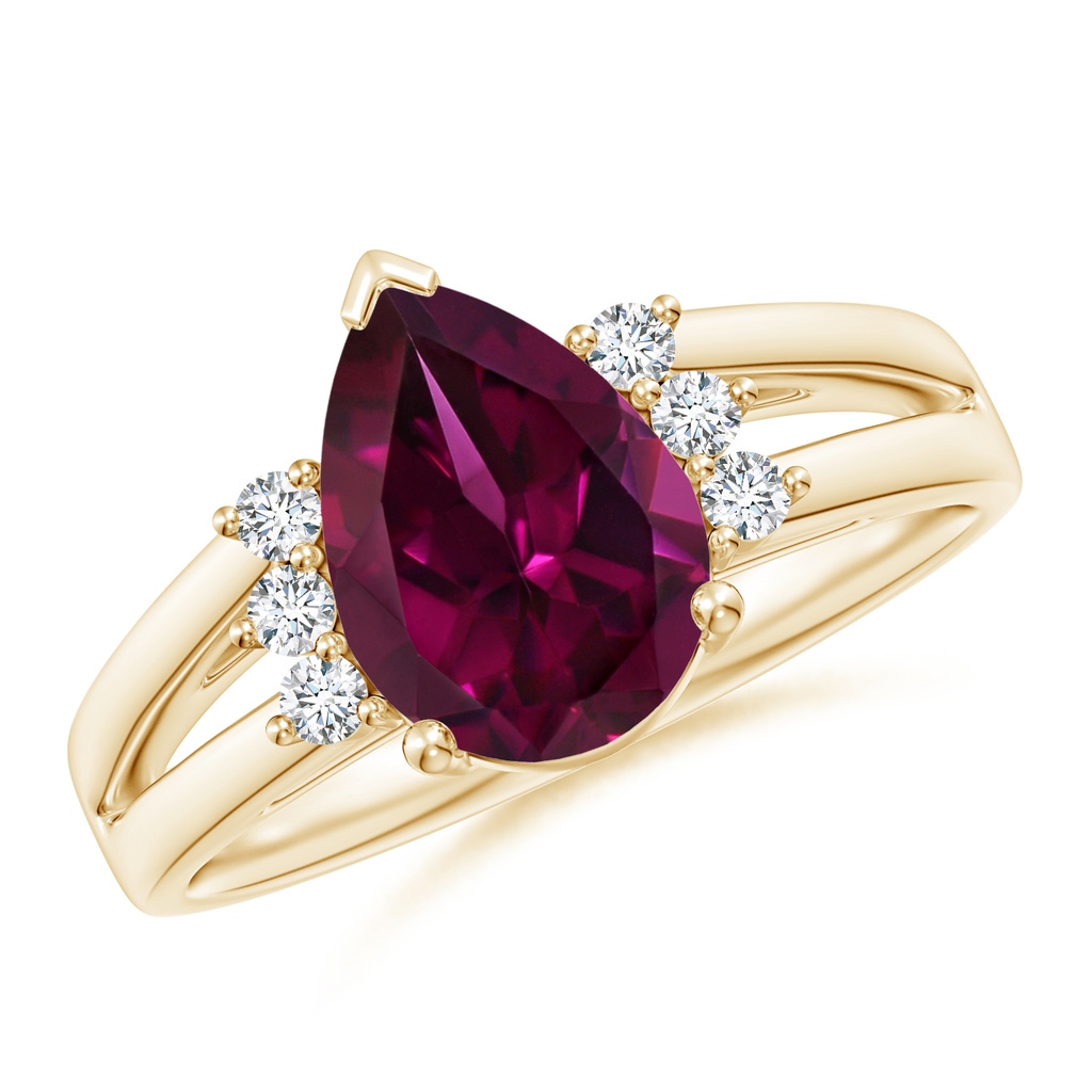 10x7mm AAAA Pear Rhodolite Ring with Triple Diamond Accents in Yellow Gold