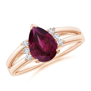 9x6mm AAA Pear Rhodolite Ring with Triple Diamond Accents in Rose Gold
