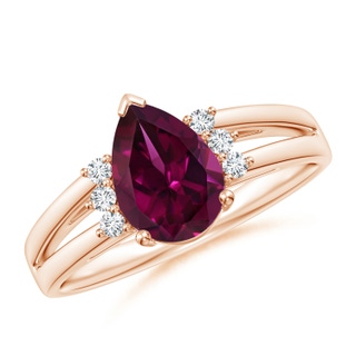 9x6mm AAAA Pear Rhodolite Ring with Triple Diamond Accents in Rose Gold