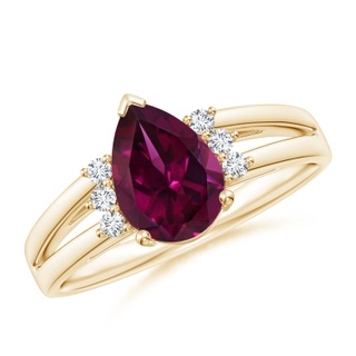 9x6mm AAAA Pear Rhodolite Ring with Triple Diamond Accents in Yellow Gold