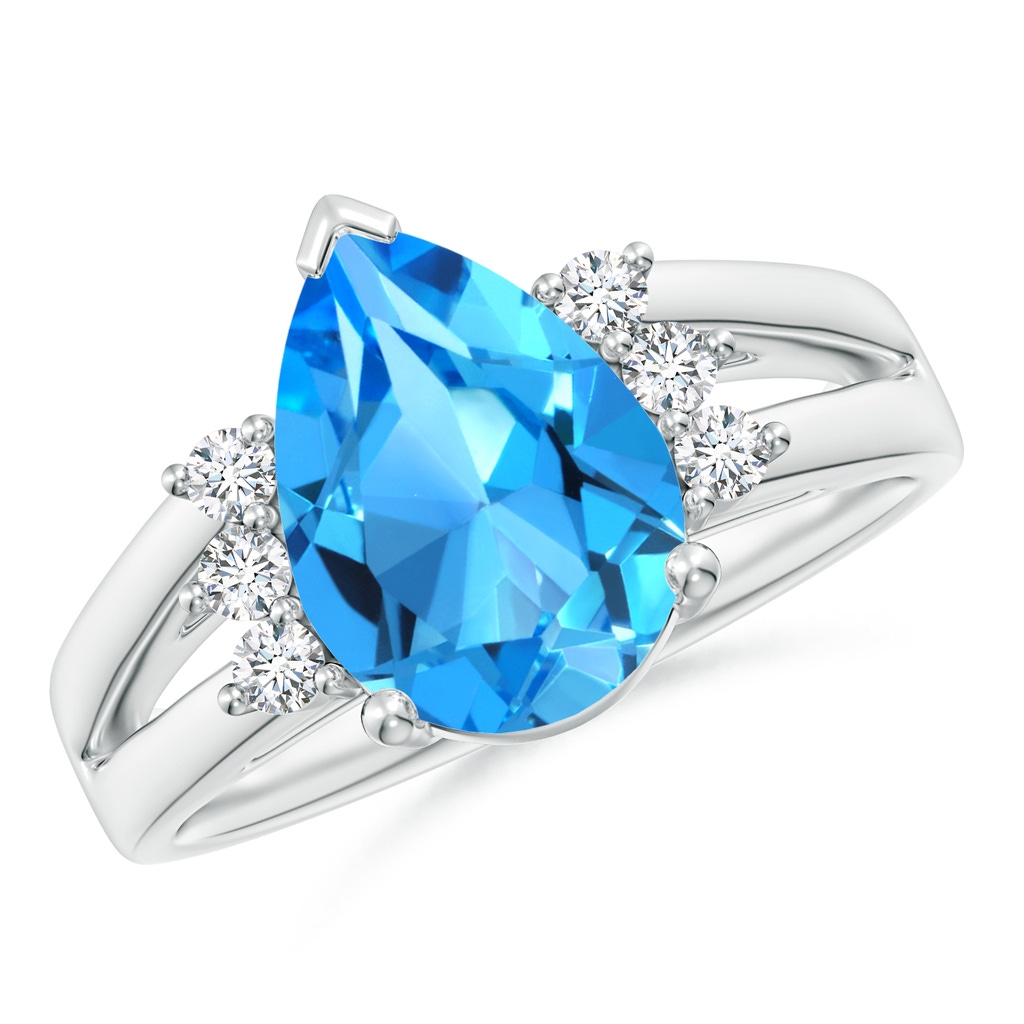 12x8mm AAAA Pear Swiss Blue Topaz Ring with Triple Diamond Accents in White Gold