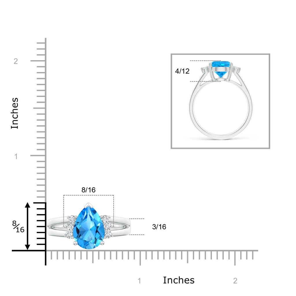 12x8mm AAAA Pear Swiss Blue Topaz Ring with Triple Diamond Accents in White Gold Ruler