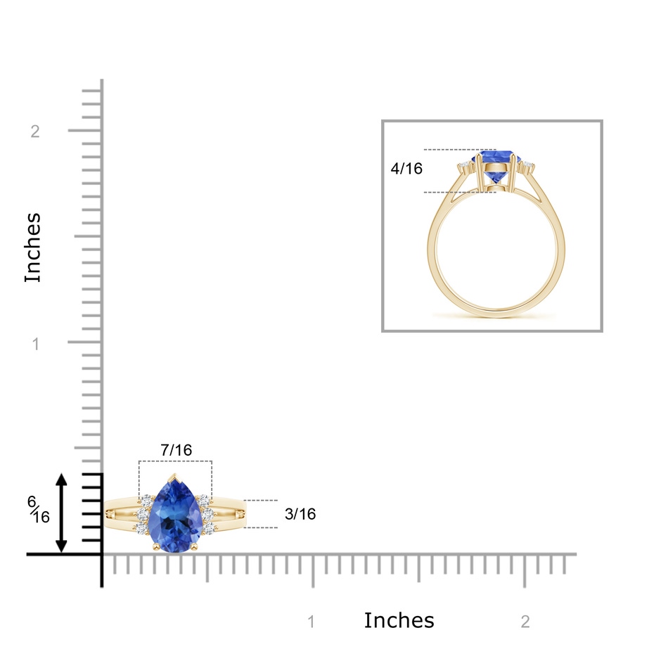 10x7mm AA Pear Tanzanite Ring with Triple Diamond Accents in Yellow Gold ruler
