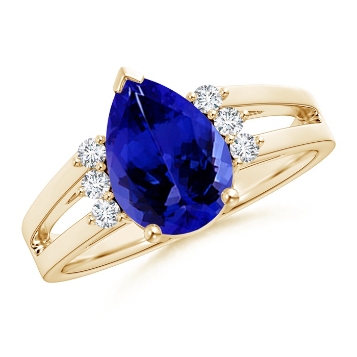 10x7mm AAAA Pear Tanzanite Ring with Triple Diamond Accents in Yellow Gold