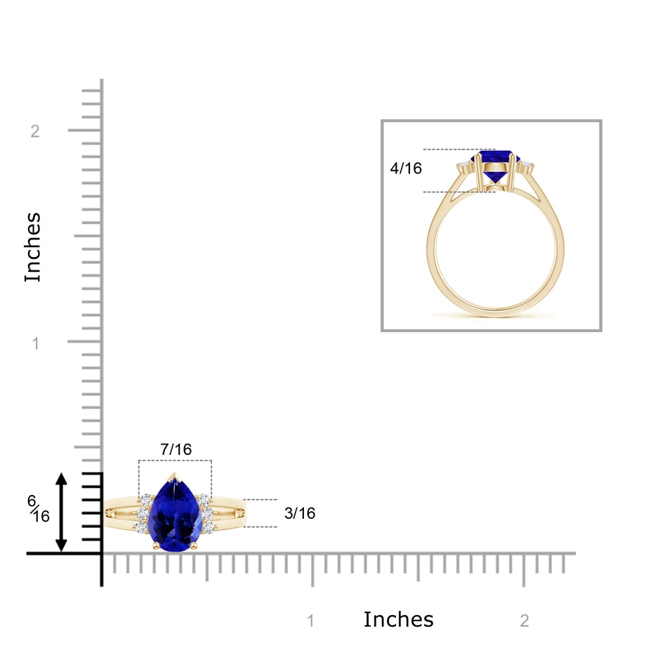 10x7mm AAAA Pear Tanzanite Ring with Triple Diamond Accents in Yellow Gold ruler