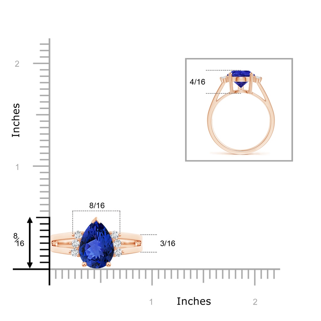 12x8mm AAA Pear Tanzanite Ring with Triple Diamond Accents in Rose Gold Ruler