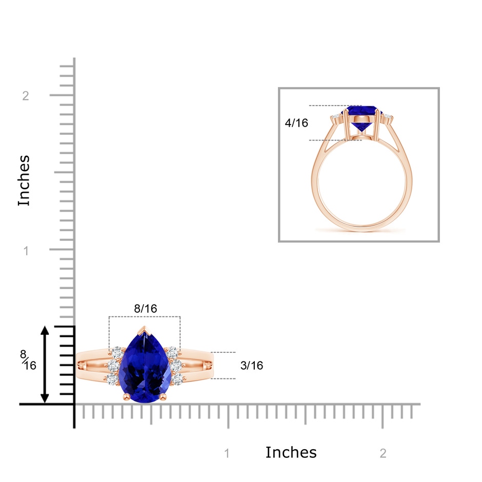 12x8mm AAAA Pear Tanzanite Ring with Triple Diamond Accents in Rose Gold ruler